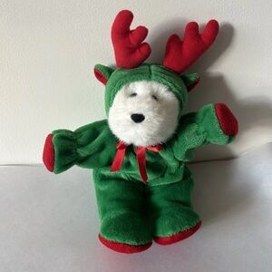 Christmas White Bear 11” Green Reindeer Suit Plush Toy Holiday